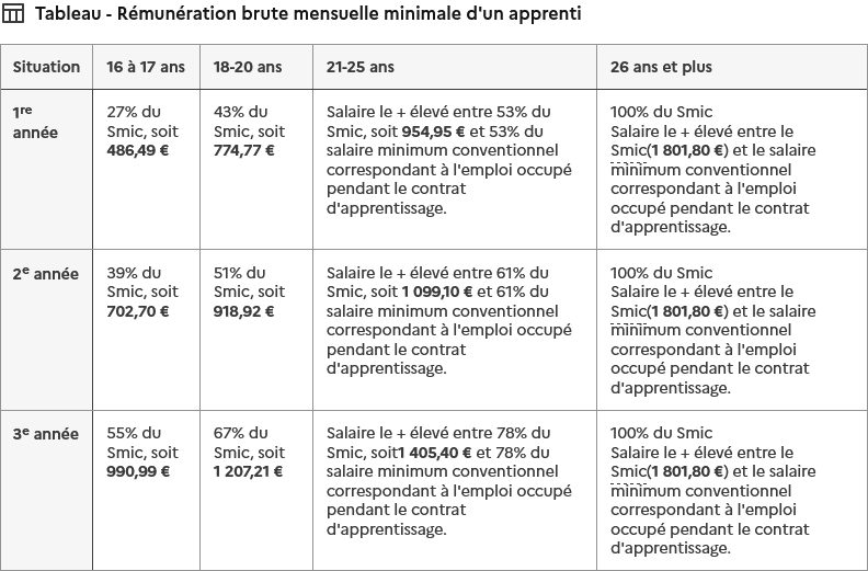 Zoomer sur le tableau Rémunération brute mensuelle minimale